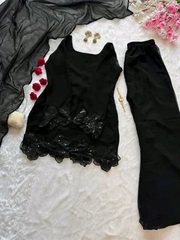Party Wear Black Color Embroidered Patch Work Designer Palazzo Set - XXL, Black