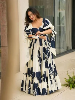 Women's Georgette Floral Printed Tiered Maxi Dress with Puff Sleeves and Square Neck (Barmasi) - L, Big Stone