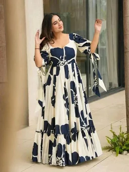 Women's Georgette Floral Printed Tiered Maxi Dress with Puff Sleeves and Square Neck (Barmasi) - L, Big Stone