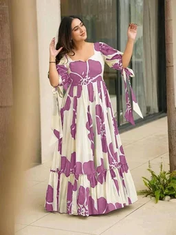 Women's Georgette Floral Printed Tiered Maxi Dress with Puff Sleeves and Square Neck (Barmasi) - L, Hopbush