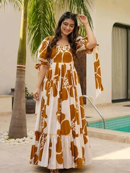 Women's Georgette Floral Printed Tiered Maxi Dress with Puff Sleeves and Square Neck (Barmasi) - L, Chelsea Gem