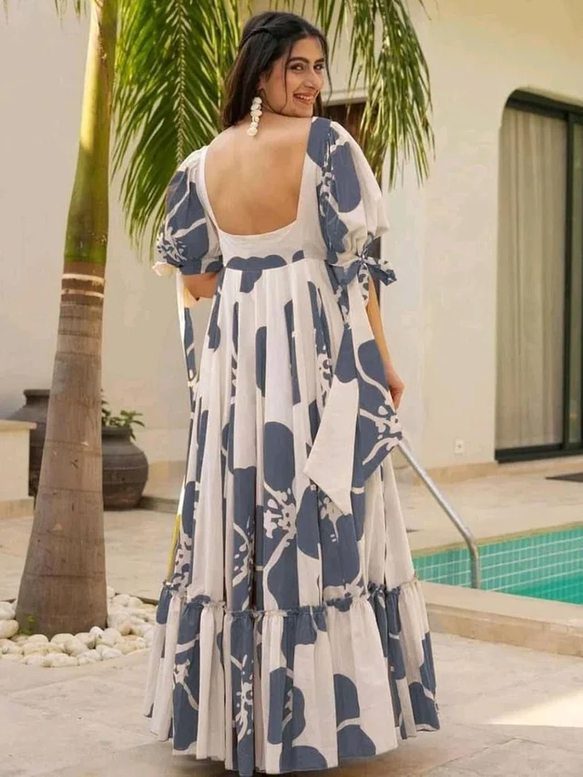 Women's Georgette Floral Printed Tiered Maxi Dress with Puff Sleeves and Square Neck (Barmasi) - L, Mid Gray