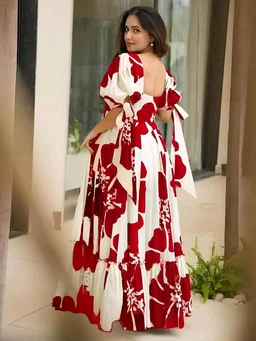 Women's Georgette Floral Printed Tiered Maxi Dress with Puff Sleeves and Square Neck (Barmasi) - L, Japanese Maple