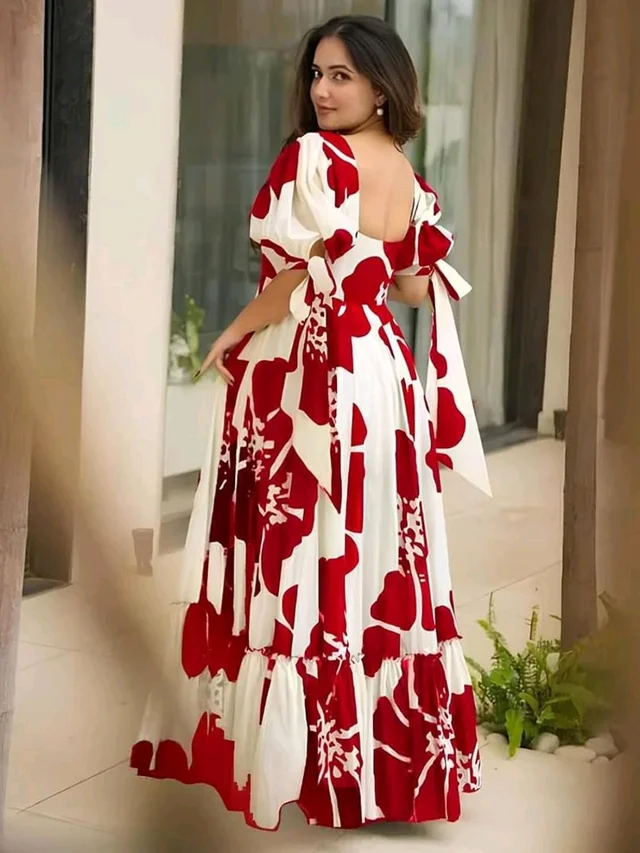 Women's Georgette Floral Printed Tiered Maxi Dress with Puff Sleeves and Square Neck (Barmasi) - L, Japanese Maple