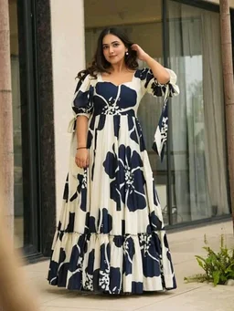 Women's Georgette Floral Printed Tiered Maxi Dress with Puff Sleeves and Square Neck (Barmasi) - M, Big Stone