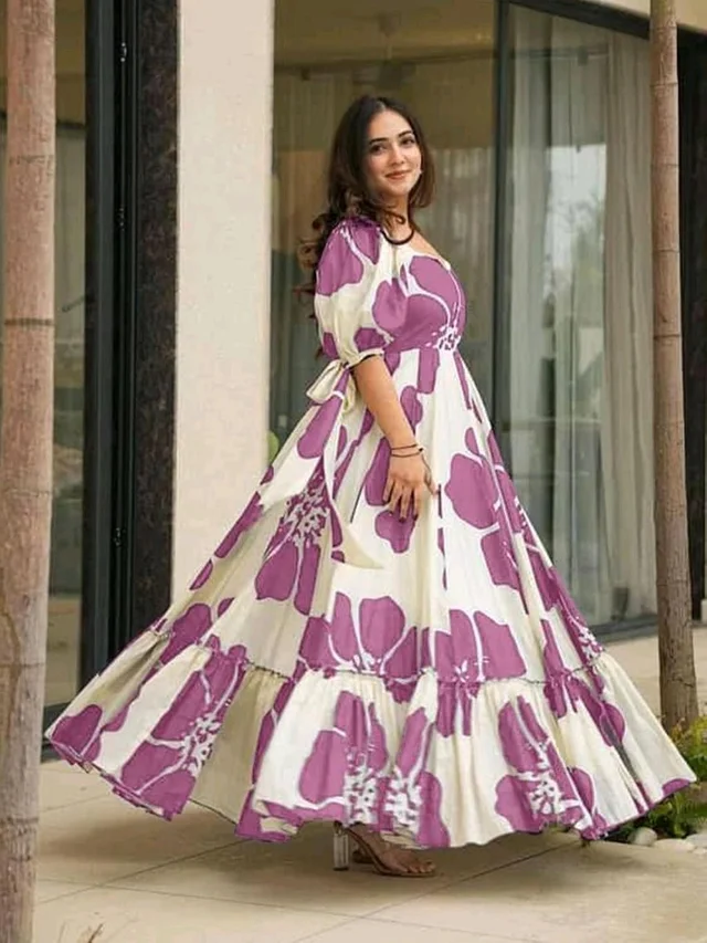 Women's Georgette Floral Printed Tiered Maxi Dress with Puff Sleeves and Square Neck (Barmasi) - M, Hopbush