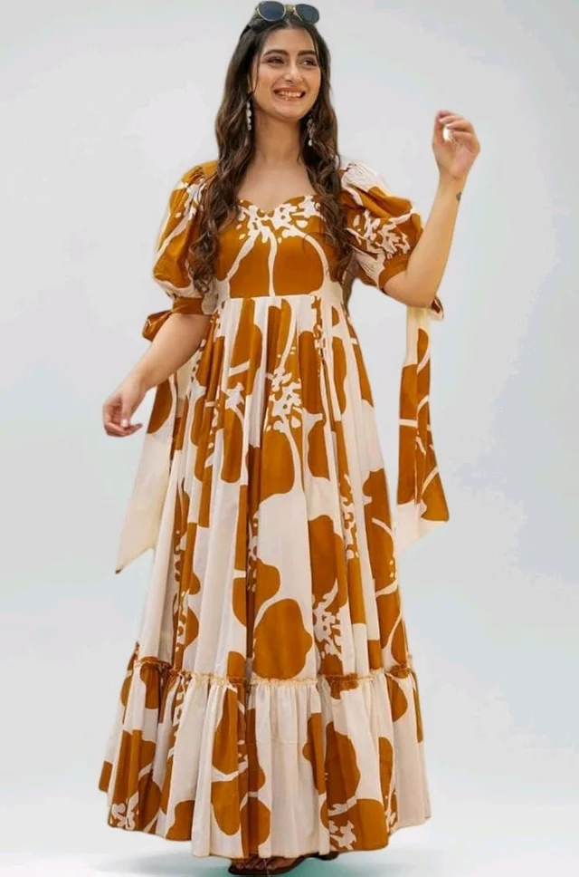 Women's Georgette Floral Printed Tiered Maxi Dress with Puff Sleeves and Square Neck (Barmasi) - M, Chelsea Gem