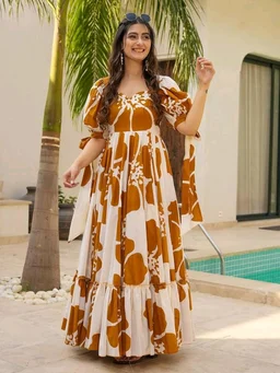 Women's Georgette Floral Printed Tiered Maxi Dress with Puff Sleeves and Square Neck (Barmasi) - M, Chelsea Gem