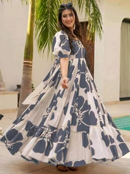 Women's Georgette Floral Printed Tiered Maxi Dress with Puff Sleeves and Square Neck (Barmasi) - M, Mid Gray
