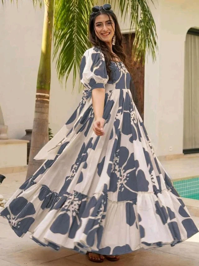 Women's Georgette Floral Printed Tiered Maxi Dress with Puff Sleeves and Square Neck (Barmasi) - M, Mid Gray