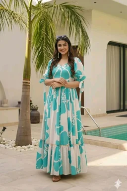 Women's Georgette Floral Printed Tiered Maxi Dress with Puff Sleeves and Square Neck (Barmasi) - M, Keppel