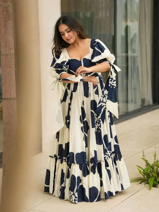 Women's Georgette Floral Printed Tiered Maxi Dress with Puff Sleeves and Square Neck (Barmasi) - S, Big Stone