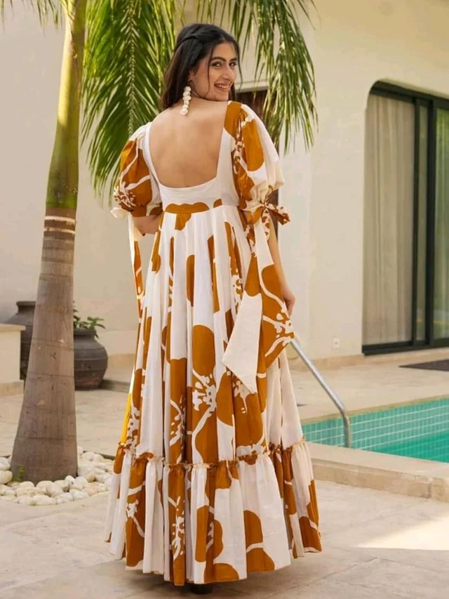 Women's Georgette Floral Printed Tiered Maxi Dress with Puff Sleeves and Square Neck (Barmasi) - S, Chelsea Gem