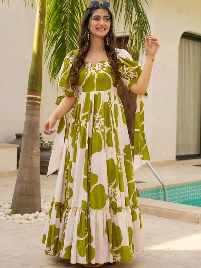 Women's Georgette Floral Printed Tiered Maxi Dress with Puff Sleeves and Square Neck (Barmasi) - S, Olive