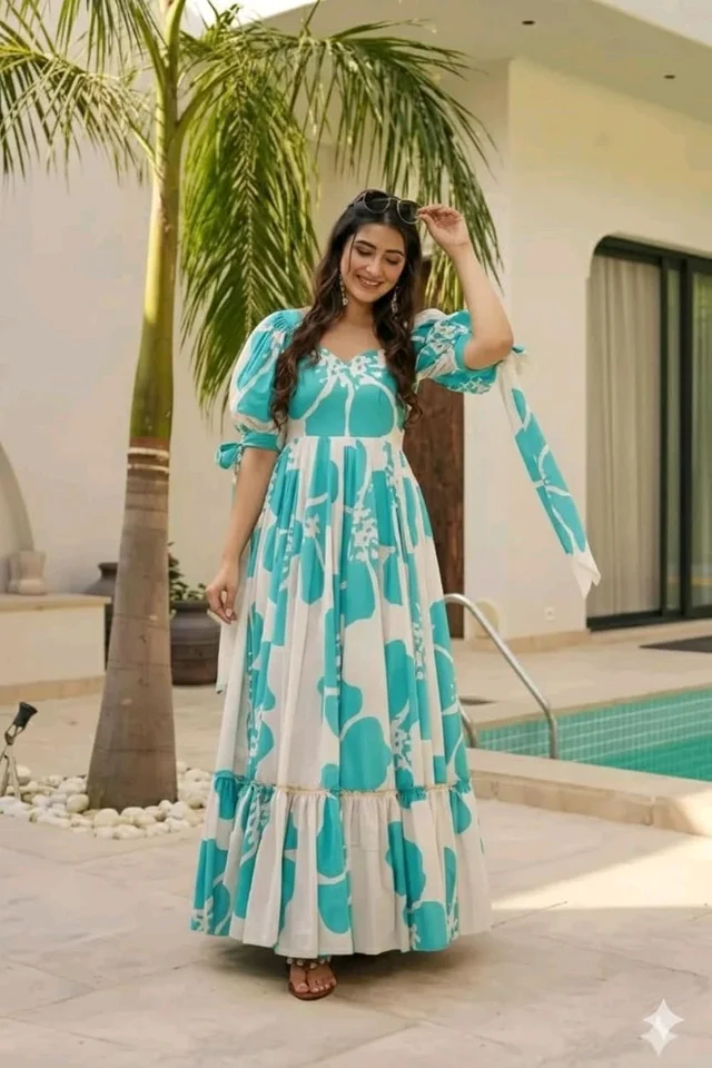 Women's Georgette Floral Printed Tiered Maxi Dress with Puff Sleeves and Square Neck (Barmasi) - S, Keppel