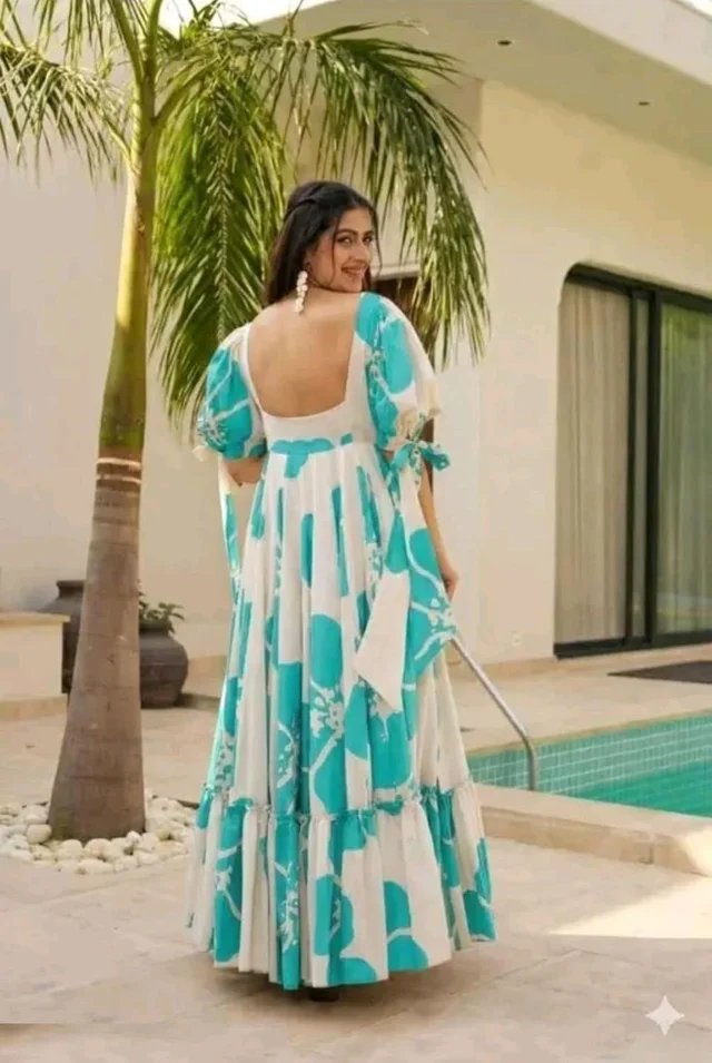 Women's Georgette Floral Printed Tiered Maxi Dress with Puff Sleeves and Square Neck (Barmasi) - S, Keppel