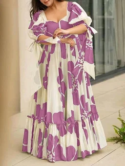 Women's Georgette Floral Printed Tiered Maxi Dress with Puff Sleeves and Square Neck (Barmasi) - XL, Hopbush