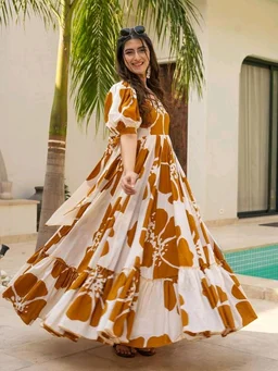 Women's Georgette Floral Printed Tiered Maxi Dress with Puff Sleeves and Square Neck (Barmasi) - XL, Chelsea Gem