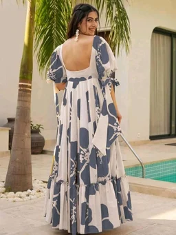 Women's Georgette Floral Printed Tiered Maxi Dress with Puff Sleeves and Square Neck (Barmasi) - XL, Mid Gray