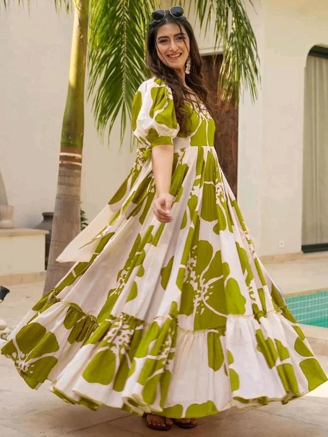 Women's Georgette Floral Printed Tiered Maxi Dress with Puff Sleeves and Square Neck (Barmasi) - XL, Olive