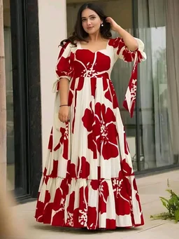 Women's Georgette Floral Printed Tiered Maxi Dress with Puff Sleeves and Square Neck (Barmasi) - XL, Japanese Maple