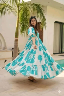 Women's Georgette Floral Printed Tiered Maxi Dress with Puff Sleeves and Square Neck (Barmasi) - XL, Keppel