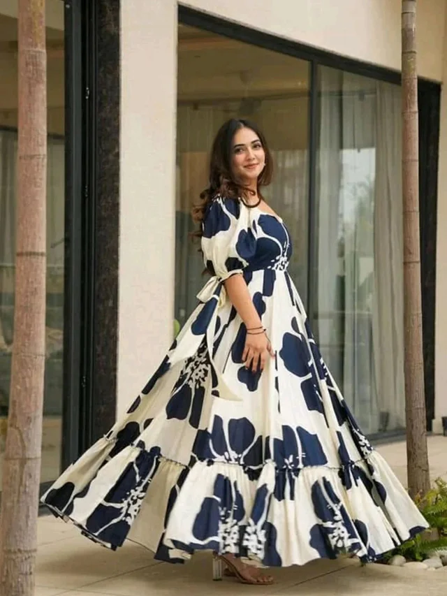 Women's Georgette Floral Printed Tiered Maxi Dress with Puff Sleeves and Square Neck (Barmasi) - XXL, Big Stone