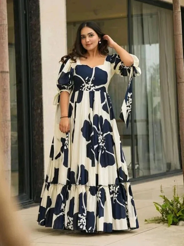 Women's Georgette Floral Printed Tiered Maxi Dress with Puff Sleeves and Square Neck (Barmasi) - XXL, Big Stone