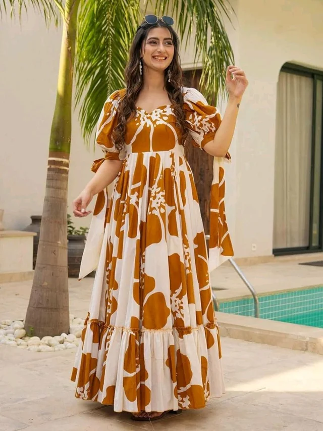Women's Georgette Floral Printed Tiered Maxi Dress with Puff Sleeves and Square Neck (Barmasi) - XXL, Chelsea Gem
