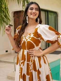 Women's Georgette Floral Printed Tiered Maxi Dress with Puff Sleeves and Square Neck (Barmasi) - XXL, Chelsea Gem