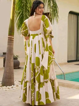 Women's Georgette Floral Printed Tiered Maxi Dress with Puff Sleeves and Square Neck (Barmasi) - XXL, Olive