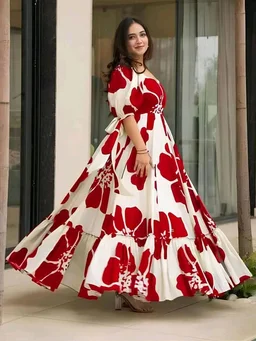 Women's Georgette Floral Printed Tiered Maxi Dress with Puff Sleeves and Square Neck (Barmasi) - XXL, Japanese Maple