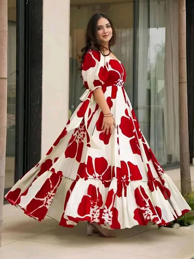 Women's Georgette Floral Printed Tiered Maxi Dress with Puff Sleeves and Square Neck (Barmasi) - XXL, Japanese Maple