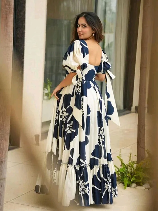 Women's Georgette Floral Printed Tiered Maxi Dress with Puff Sleeves and Square Neck (Barmasi) - XXXL, Big Stone