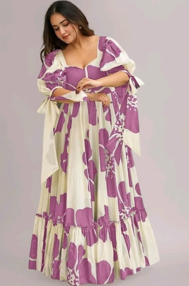 Women's Georgette Floral Printed Tiered Maxi Dress with Puff Sleeves and Square Neck (Barmasi) - XXXL, Hopbush