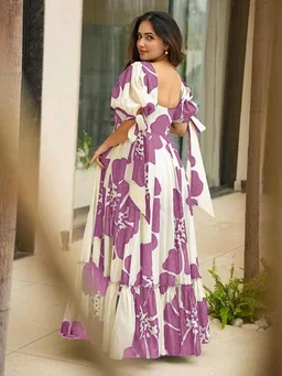 Women's Georgette Floral Printed Tiered Maxi Dress with Puff Sleeves and Square Neck (Barmasi) - XXXL, Hopbush