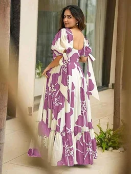 Women's Georgette Floral Printed Tiered Maxi Dress with Puff Sleeves and Square Neck (Barmasi) - XXXL, Hopbush