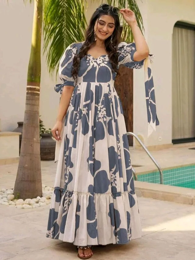 Women's Georgette Floral Printed Tiered Maxi Dress with Puff Sleeves and Square Neck (Barmasi) - XXXL, Mid Gray
