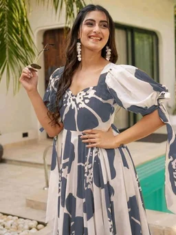 Women's Georgette Floral Printed Tiered Maxi Dress with Puff Sleeves and Square Neck (Barmasi) - XXXL, Mid Gray