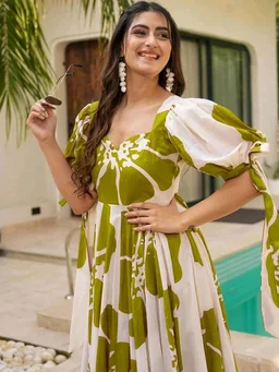 Women's Georgette Floral Printed Tiered Maxi Dress with Puff Sleeves and Square Neck (Barmasi) - XXXL, Olive