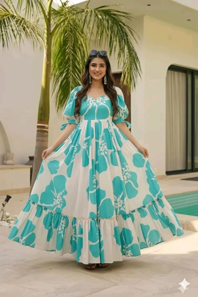 Women's Georgette Floral Printed Tiered Maxi Dress with Puff Sleeves and Square Neck (Barmasi) - XXXL, Keppel