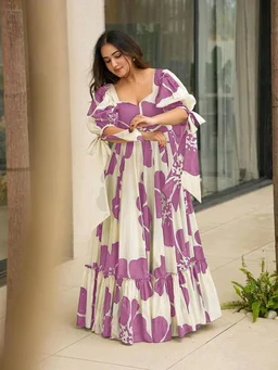 Women's Georgette Floral Printed Tiered Maxi Dress with Puff Sleeves and Square Neck (Barmasi) - 4XL, Hopbush