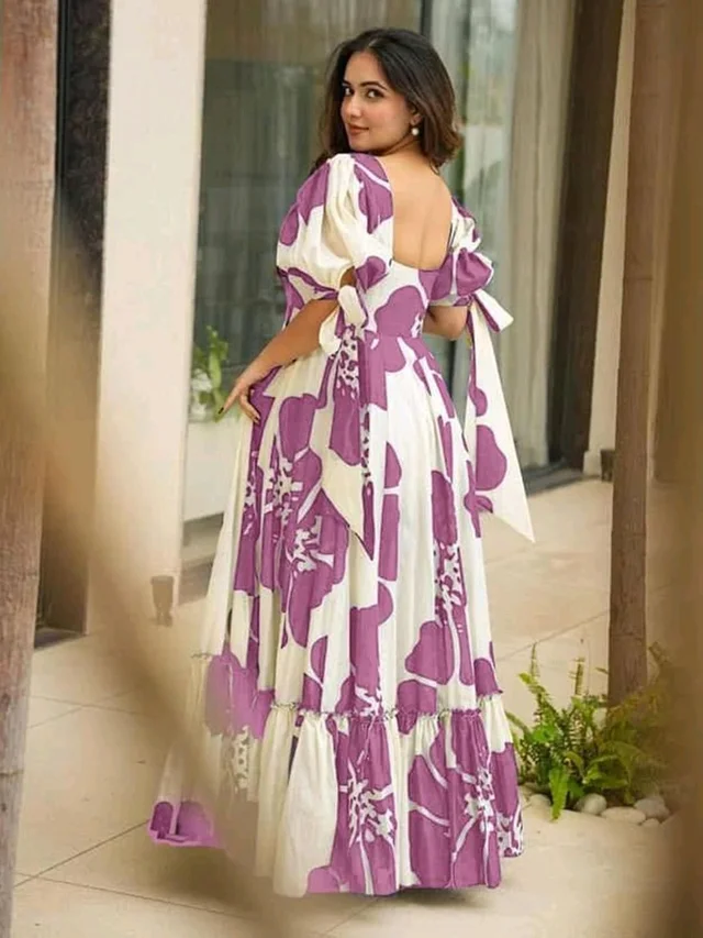 Women's Georgette Floral Printed Tiered Maxi Dress with Puff Sleeves and Square Neck (Barmasi) - 4XL, Hopbush