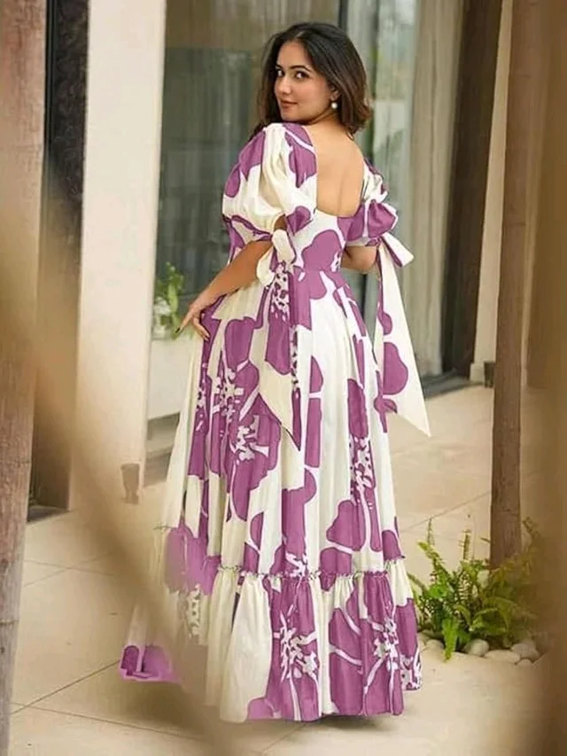 Women's Georgette Floral Printed Tiered Maxi Dress with Puff Sleeves and Square Neck (Barmasi) - 4XL, Hopbush