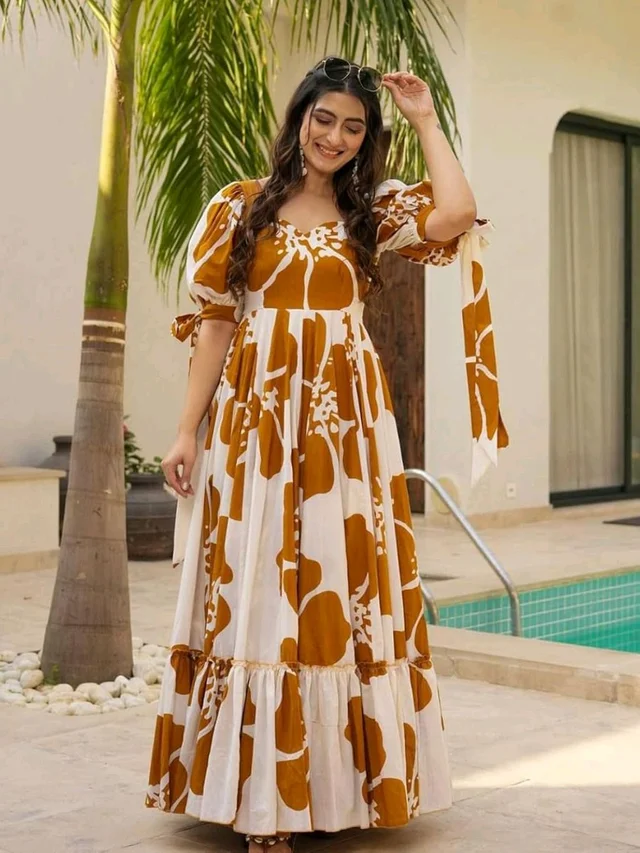 Women's Georgette Floral Printed Tiered Maxi Dress with Puff Sleeves and Square Neck (Barmasi) - 4XL, Chelsea Gem