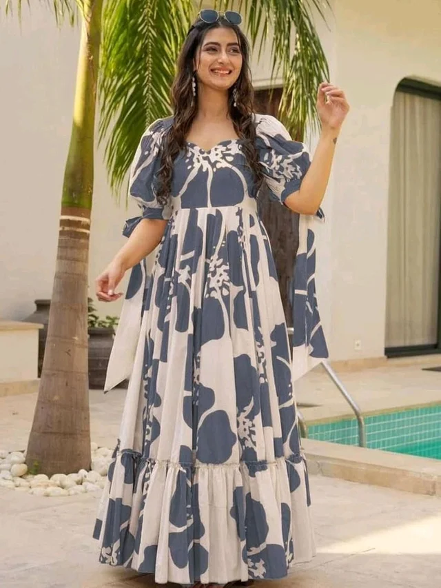 Women's Georgette Floral Printed Tiered Maxi Dress with Puff Sleeves and Square Neck (Barmasi) - 4XL, Mid Gray