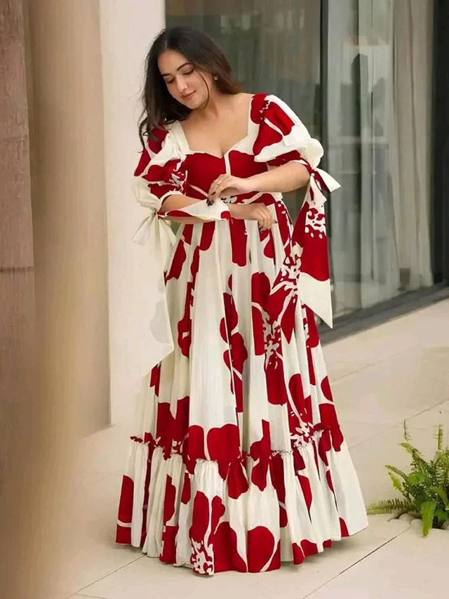 Women's Georgette Floral Printed Tiered Maxi Dress with Puff Sleeves and Square Neck (Barmasi) - 4XL, Japanese Maple