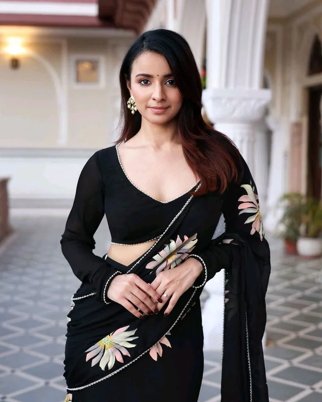 Kiyana Black Handpainted Chinon Pre Draped Saree - Free Size, Black