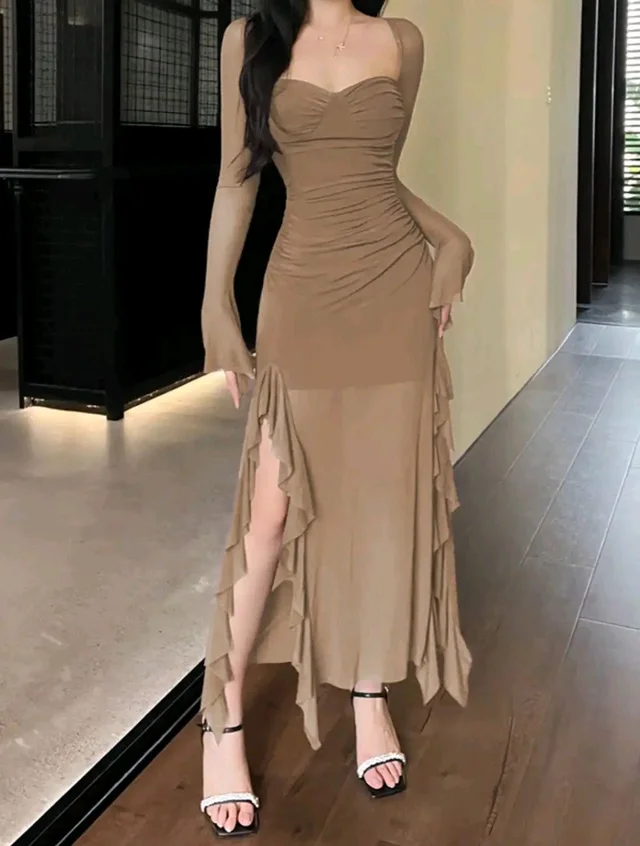 Sweetheart Neck Long Sleeves Ruffles Maxi Dress - S, Sandrift