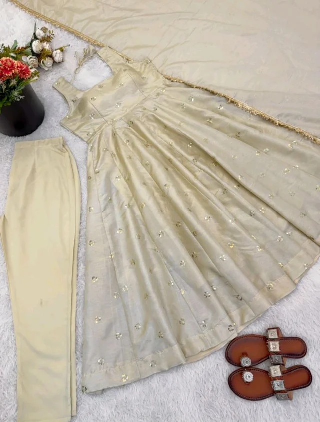 Off White Cosmos Gold Embroider Work Salwar Suit
- L, Chino